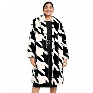 Black and White Houndstooth Faux Fur Coat
